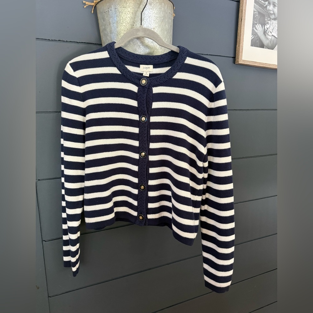 J. Crew Navy and White Striped Button-Front Cardigan